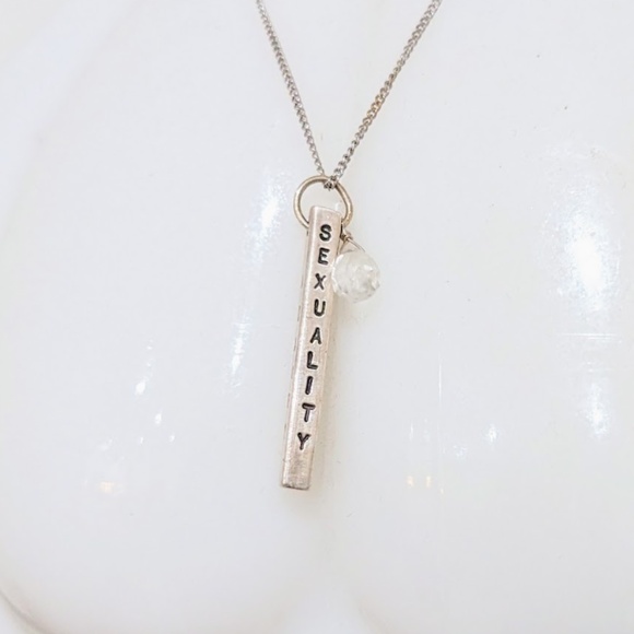 Sterling Silver & Quartz Rectangular Bar Inspirational Vertical Pendant Necklace - Picture 5 of 14
